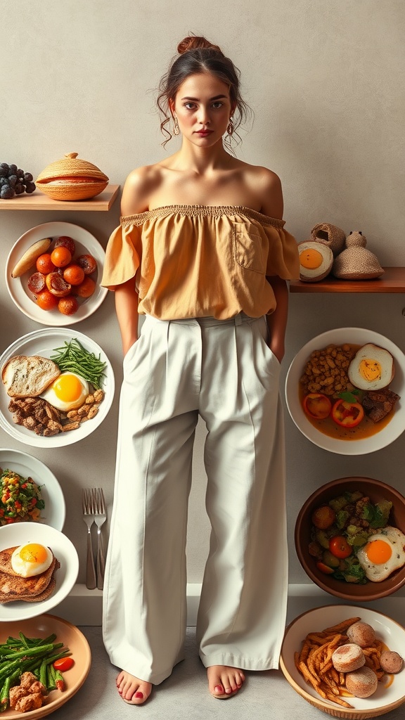 A woman wearing linen trousers and an off-the-shoulder top, surrounded by various brunch dishes.