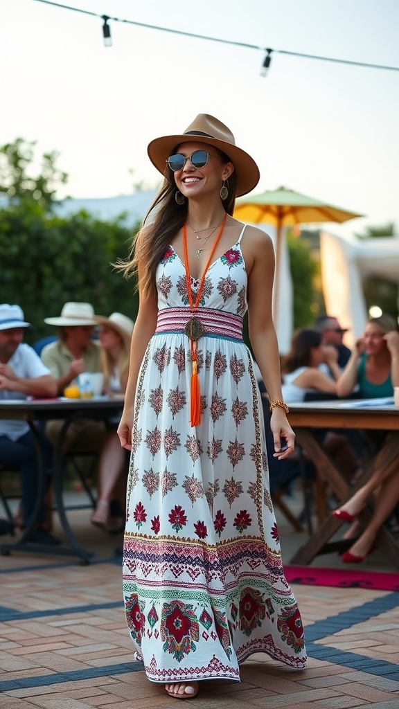 A woman in a floral maxi dress and bohemian accessories, smiling outdoors during brunch.