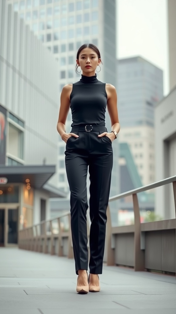 A model wearing a fitted black turtleneck and tailored black pants, showcasing a minimalist monochrome style.