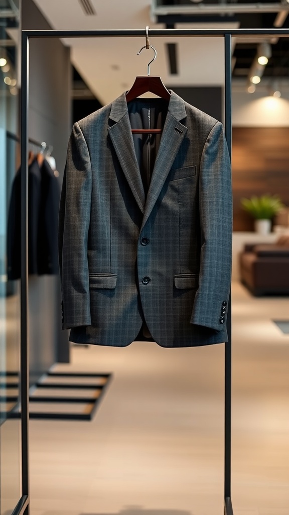 A modern slim fit suit hanging on a display rack in a stylish store.