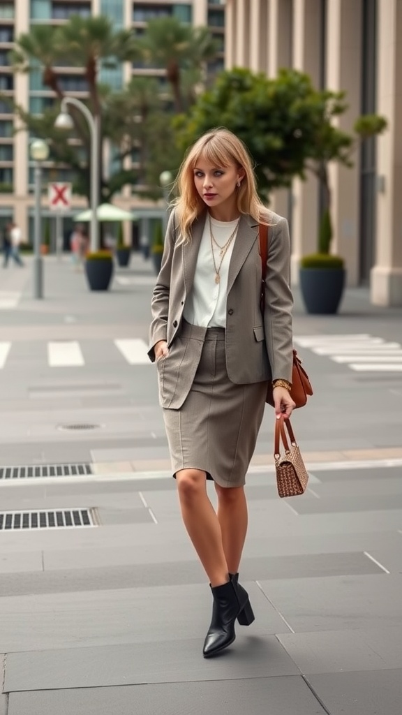 A stylish woman in a fitted blazer and pencil skirt, walking confidently on a city street.