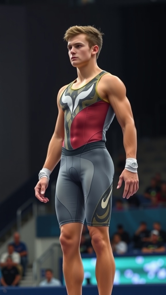 A male gymnast in a performance singlet with a unique design, featuring a mix of maroon and gray colors.