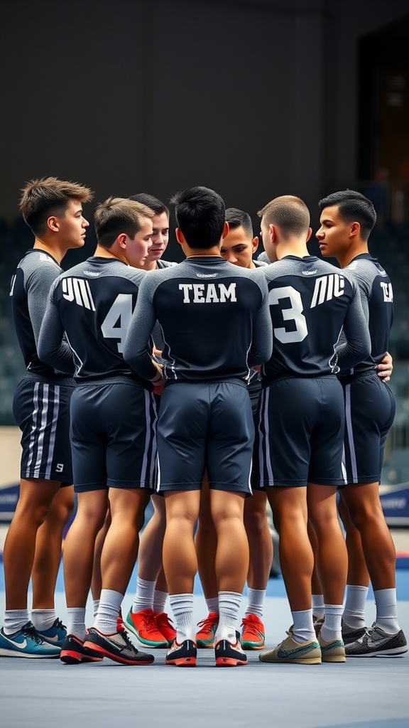 A group of male gymnasts in matching dark outfits, huddled together, displaying a team spirit.