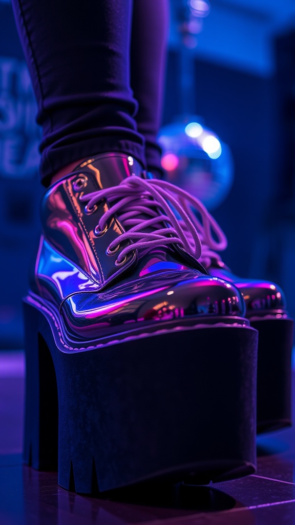 A close-up of shiny platform shoes with thick soles, perfect for disco outfits.