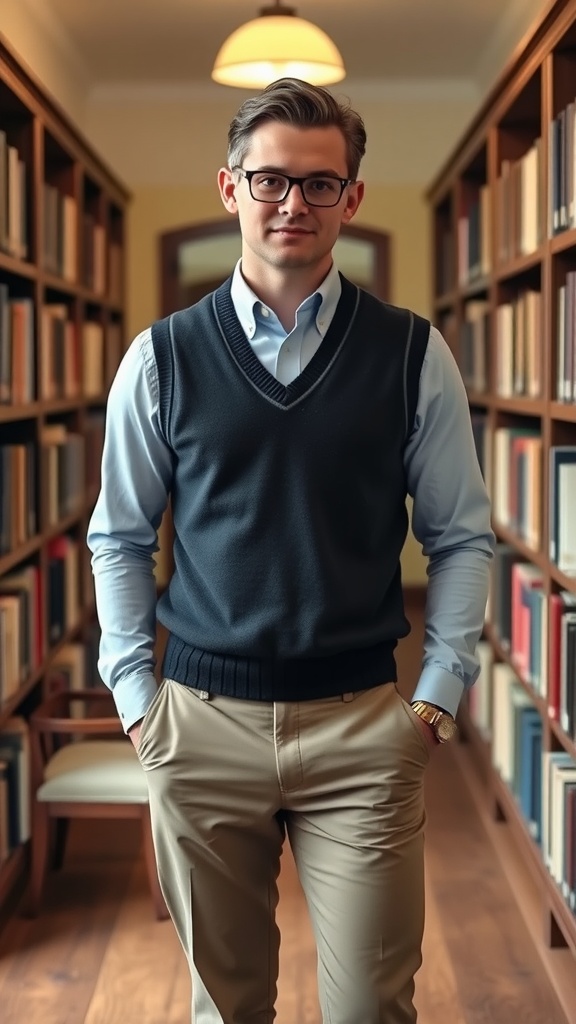 A man in a library wearing a dark sweater vest over a light blue shirt, paired with khaki pants.