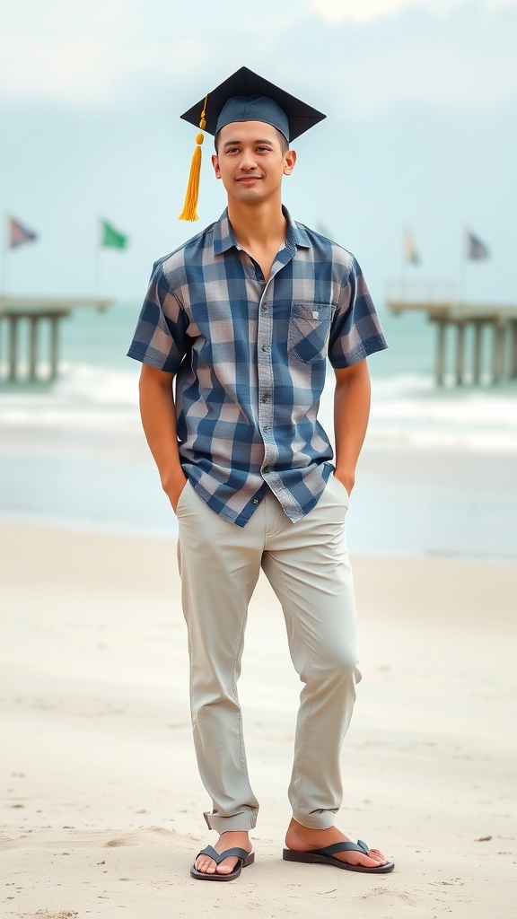 A young man in a checkered shirt and sandals, wearing a graduation cap on the beach.