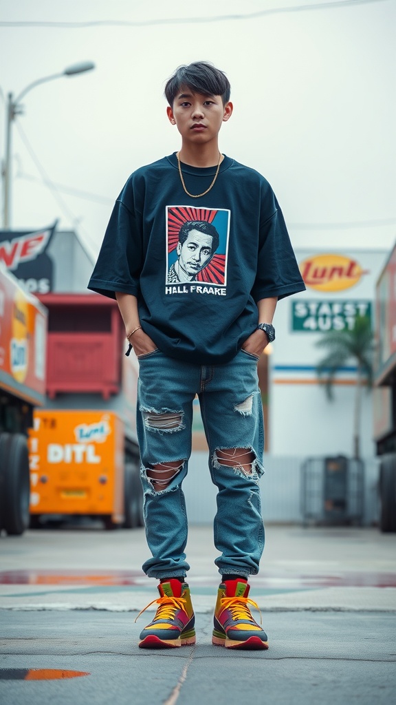 A young person wearing a retro band tee, distressed jeans, and colorful sneakers, posing outdoors.