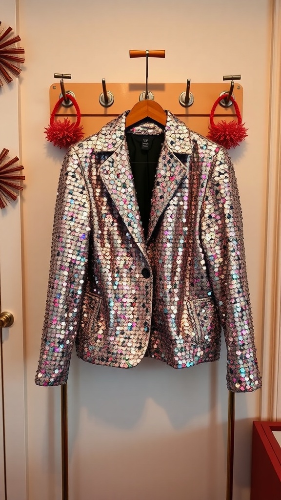 A shiny sequined jacket hanging on a display, showcasing its colorful reflective surface.