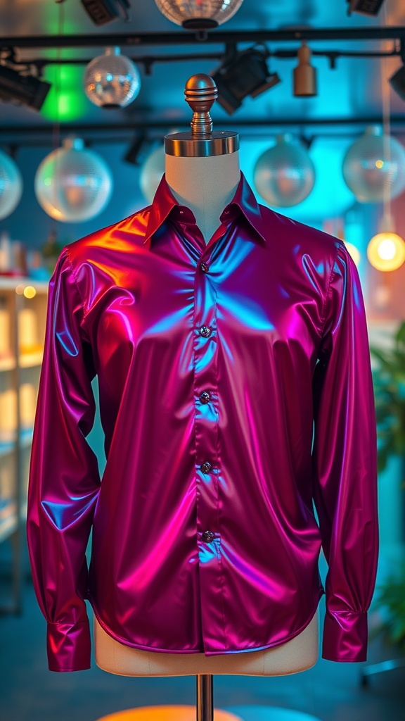 A shiny pink polyester shirt displayed on a mannequin in a vibrant setting.