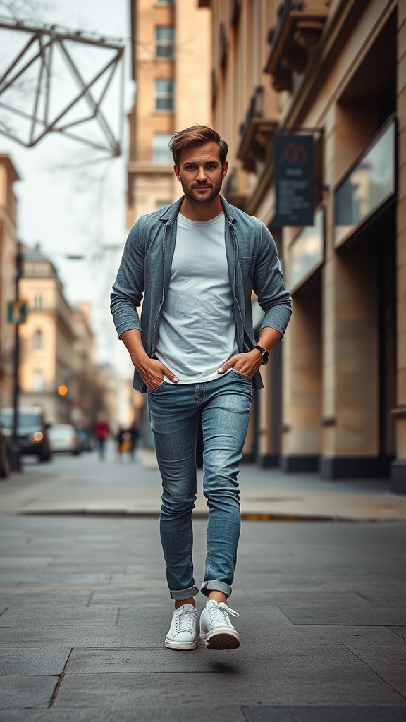 A man walking down the street in slim-fit jeans and trendy footwear.