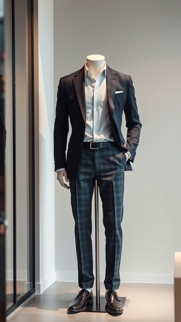 A mannequin dressed in a smart casual outfit featuring a tailored blazer, checkered pants, and polished shoes.