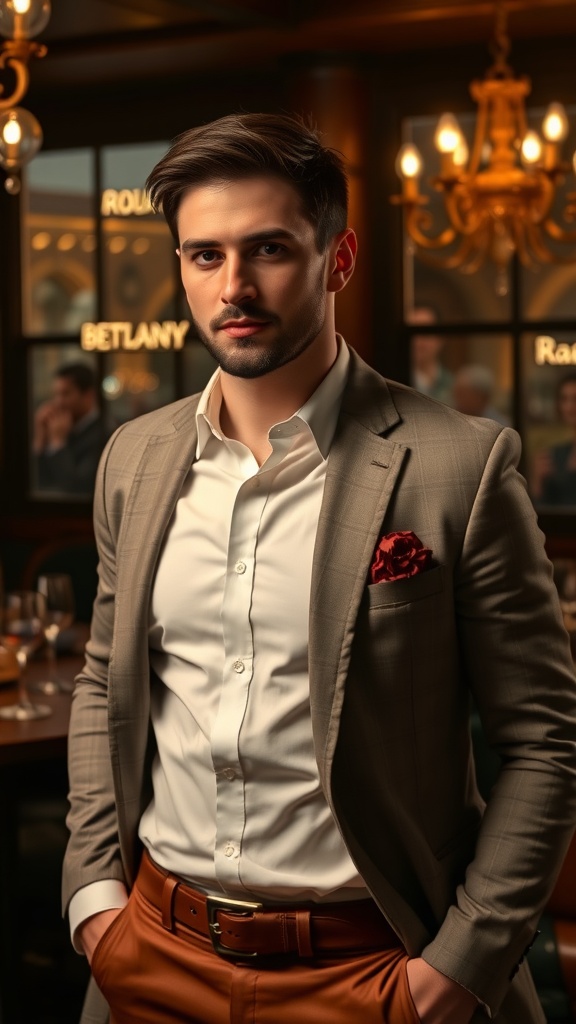 A man in a sophisticated casual outfit for a date night, featuring a blazer, white shirt, and stylish trousers.