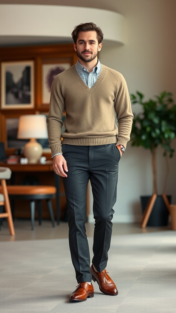 A man wearing a light sweater over a button-up shirt, paired with tailored trousers and dress shoes.