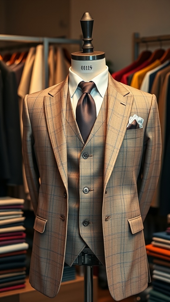 A three-piece beige plaid suit featuring a jacket, waistcoat, and trousers displayed on a mannequin.