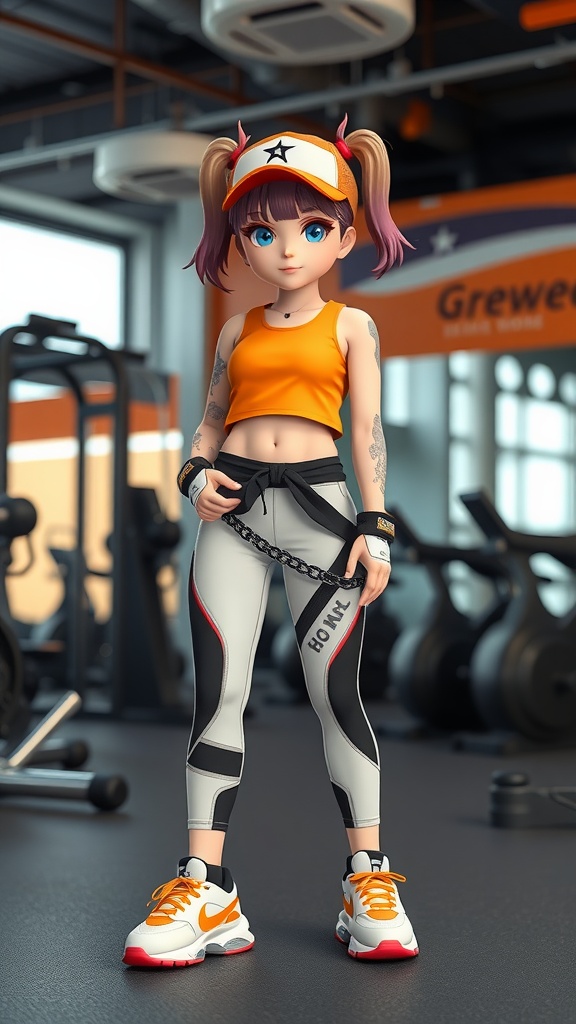 A character in sporty activewear, featuring a crop top, leggings, and sneakers, posed in a gym setting.