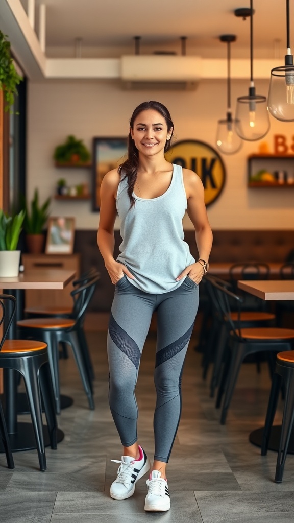 A woman in a sporty outfit standing in a café, showcasing a light tank top and stylish leggings, ready for brunch.