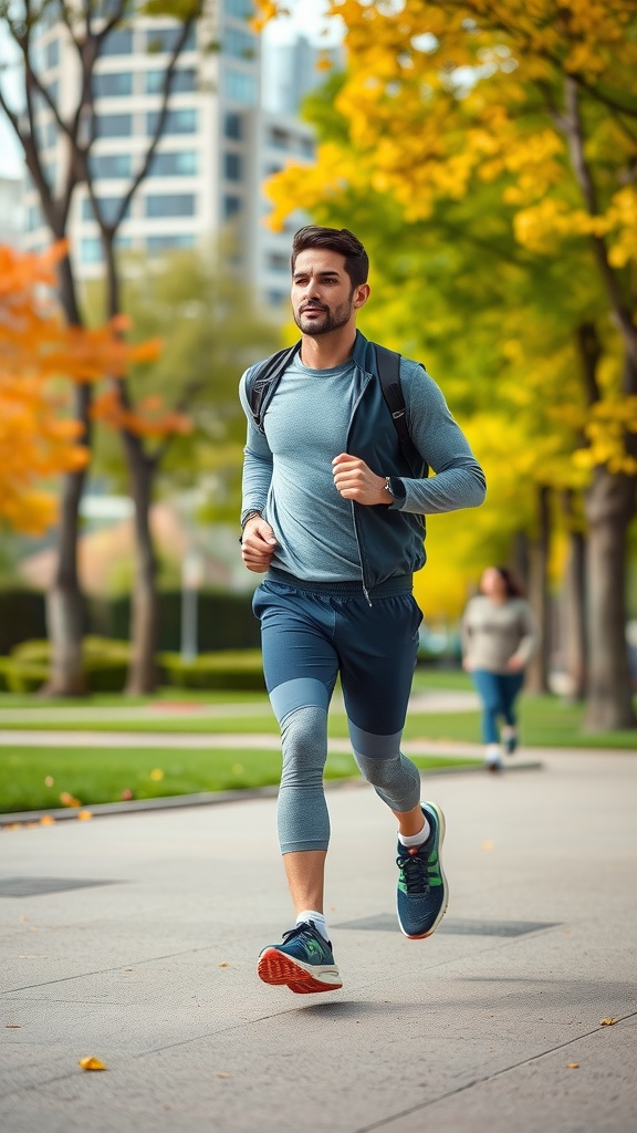 A man running in a sporty outfit with a backpack in a park during autumn