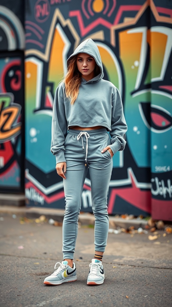 A young woman wearing a cropped hoodie and joggers with sneakers, standing in front of a graffiti wall.