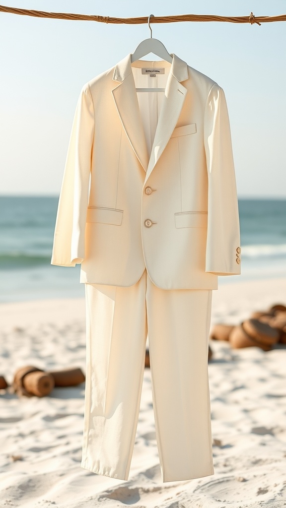 Light-colored linen suit hanging at the beach