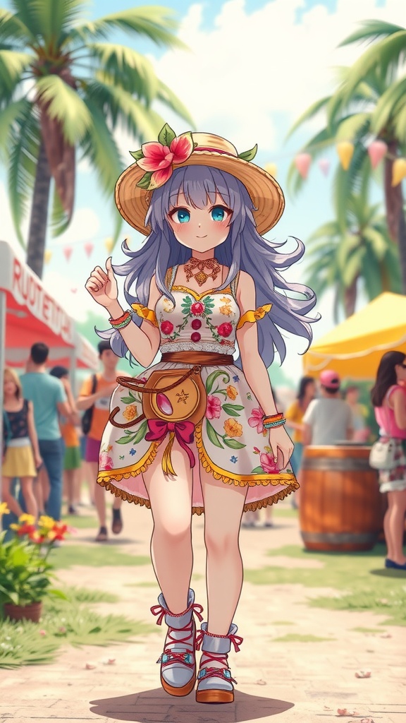 A character wearing a floral dress, sandals, and a straw hat at a summer festival.