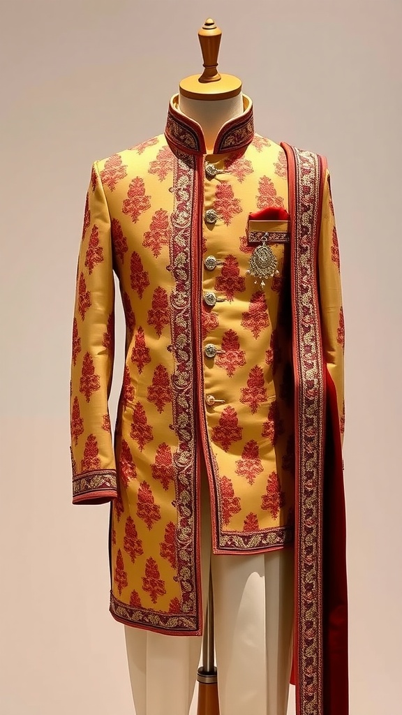 Traditional ethnic attire for men featuring a yellow kurta with red patterns and a matching dupatta.