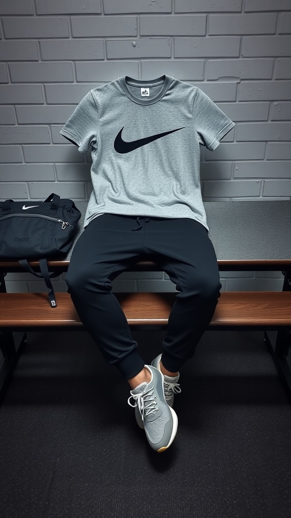 A casual athleisure outfit featuring a grey Nike t-shirt, black joggers, and grey sneakers, set against a brick background.