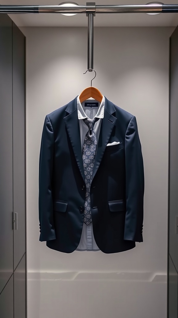 A navy suit hanging on a hanger, featuring a white shirt and a patterned tie.