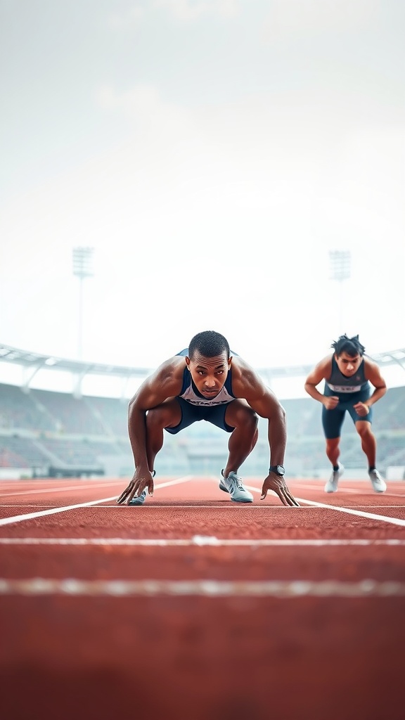 Two athletes in starting position on a running track.