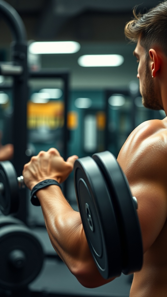 A person lifting a dumbbell in a gym setting.