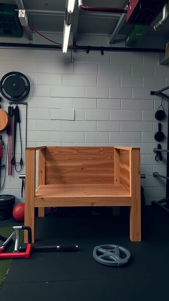 A wooden plyometric box positioned in a home gym setting.