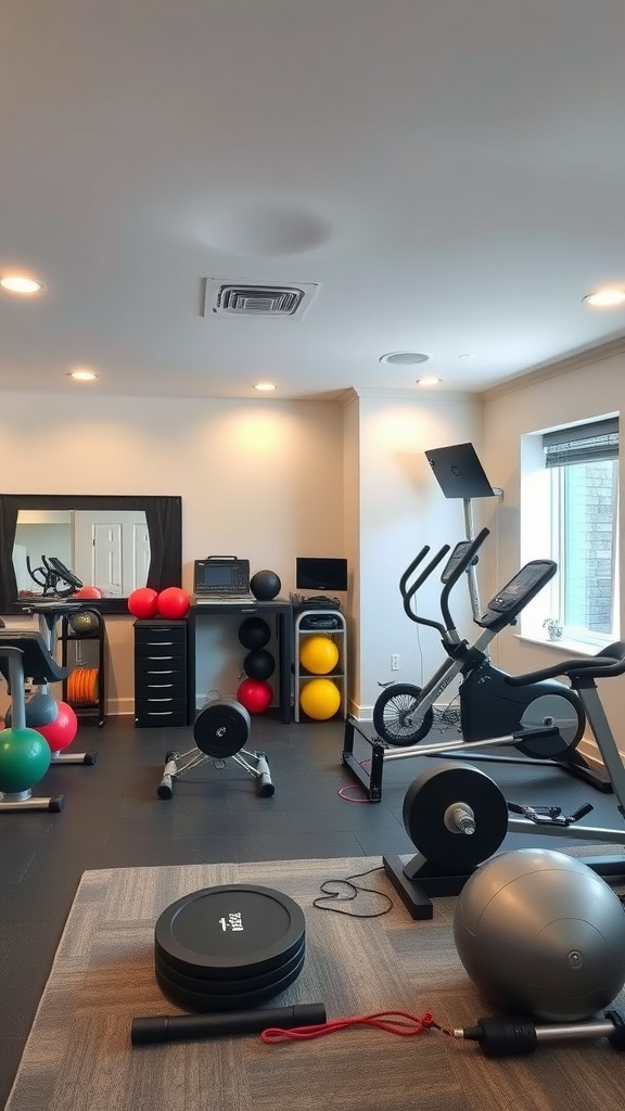 Home gym setup with various exercise equipment
