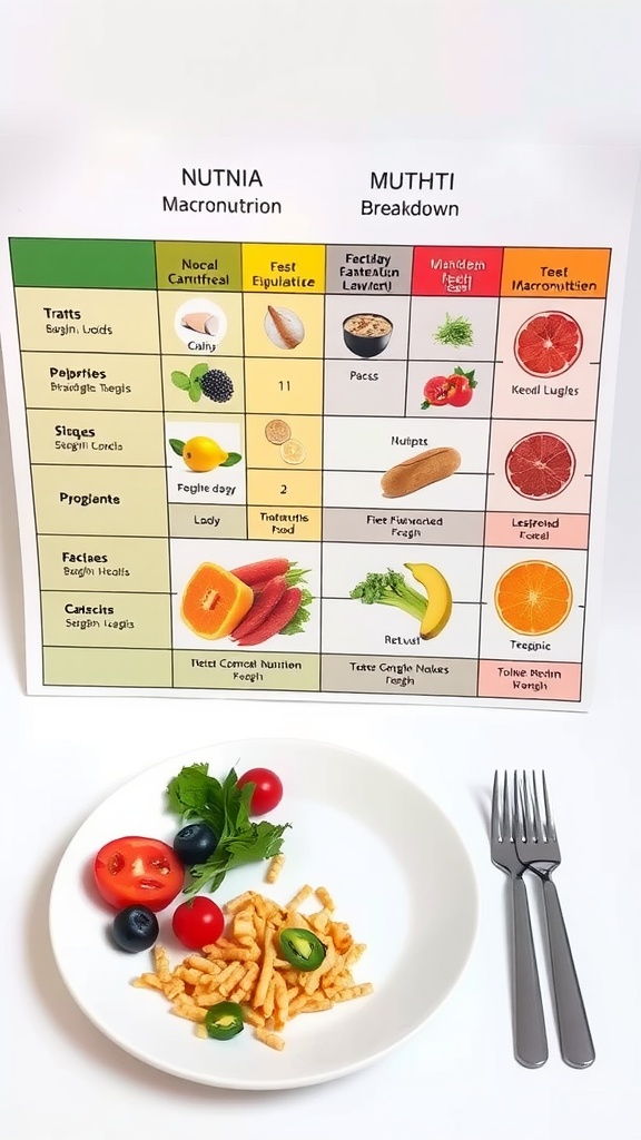 A plate with vegetables and snack food, alongside a chart outlining macronutrients.