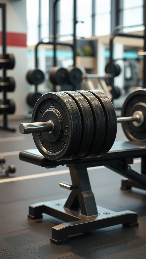 A close-up of a barbell loaded with weights on a bench in a gym setting.