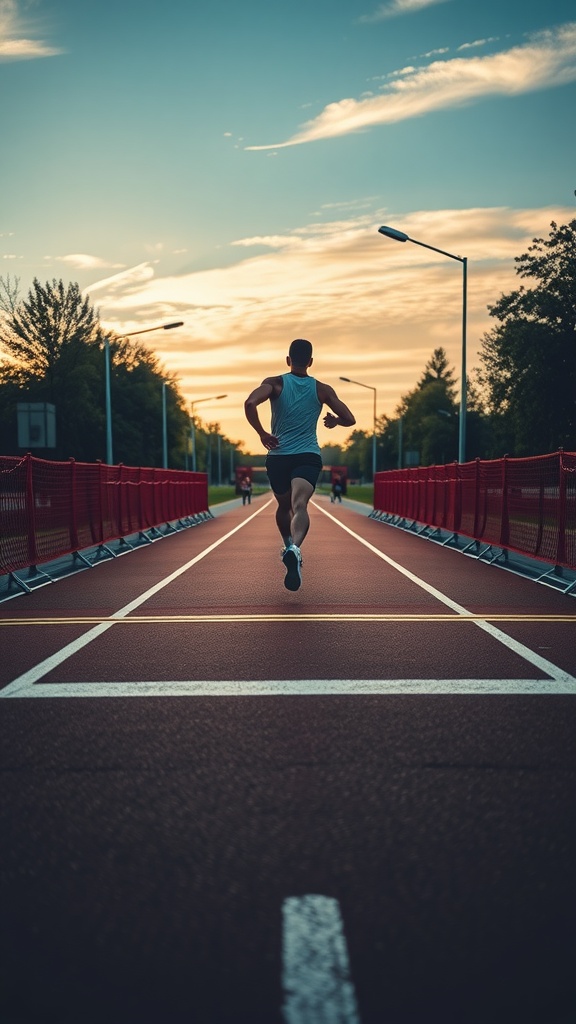 A person running on a track during sunset.