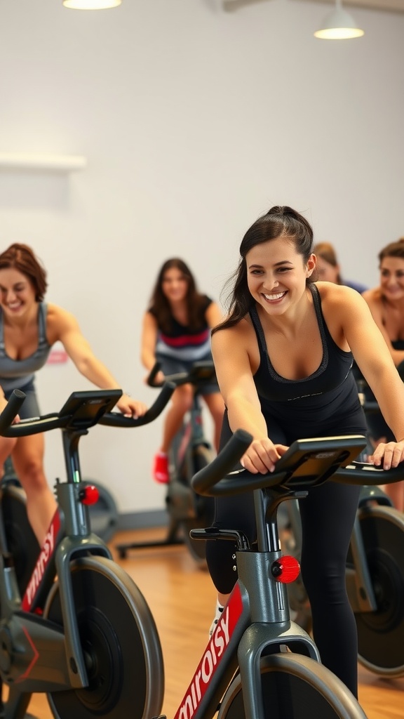 A group of people enjoying a cycling class, promoting aerobic exercise.