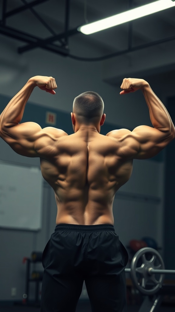 A person showing off their muscular back in a gym setting.