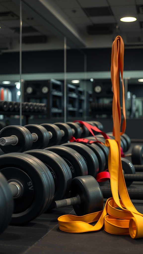 A close-up view of weights and resistance bands in a gym setting.