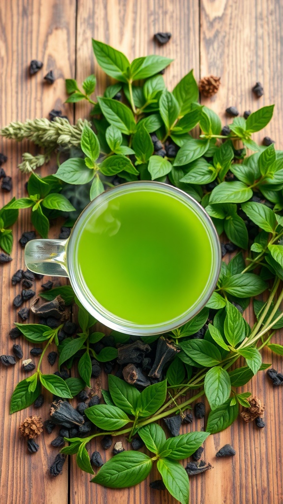 A cup of green tea surrounded by fresh green leaves on a wooden table
