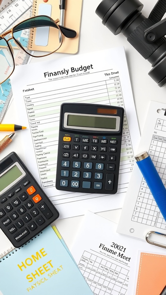 A collection of budget planning tools including calculators, notebooks, and budget sheets.