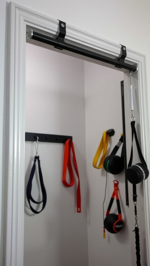 A pull-up bar installed in a doorway with exercise straps hanging nearby.