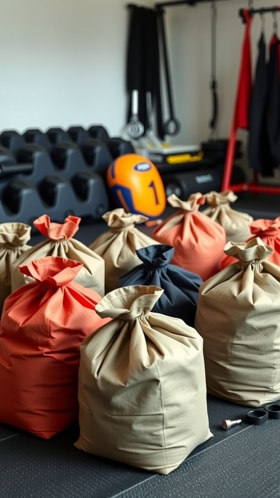 Homemade weighted sandbags in various colors, lined up on a gym floor