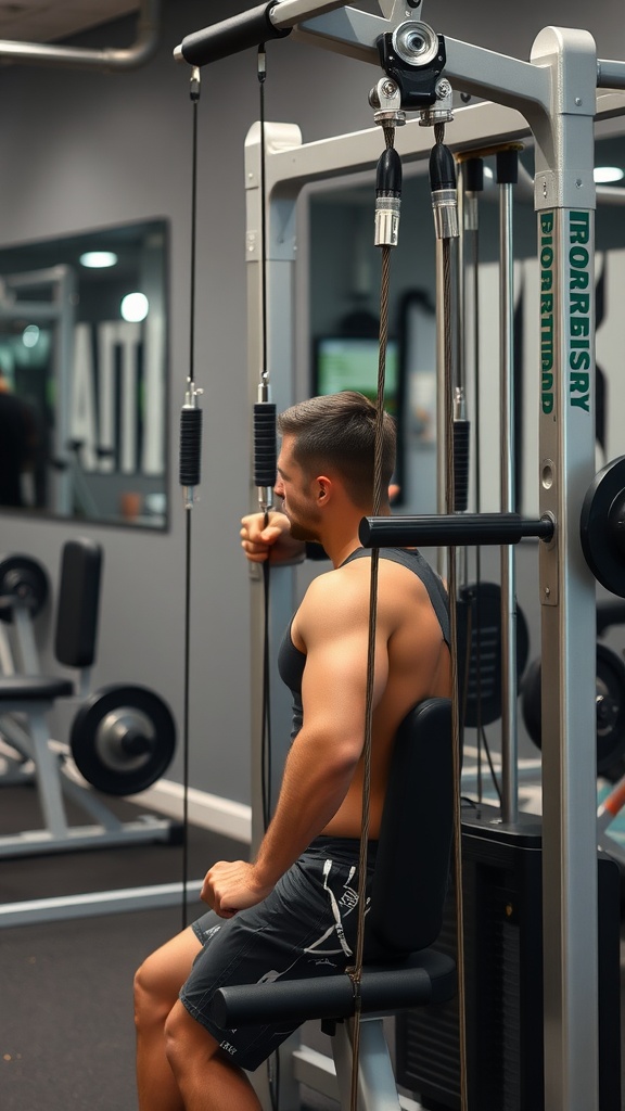 A man using a cable machine in a gym.