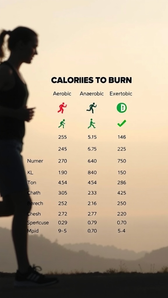 Comparison of calories burned in aerobic and anaerobic exercises.