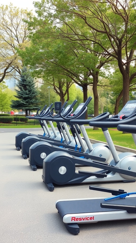 Outdoor gym equipment for cardio exercises in a park setting