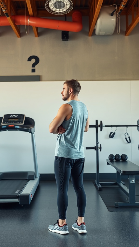 A man standing in a gym contemplating his exercise options.