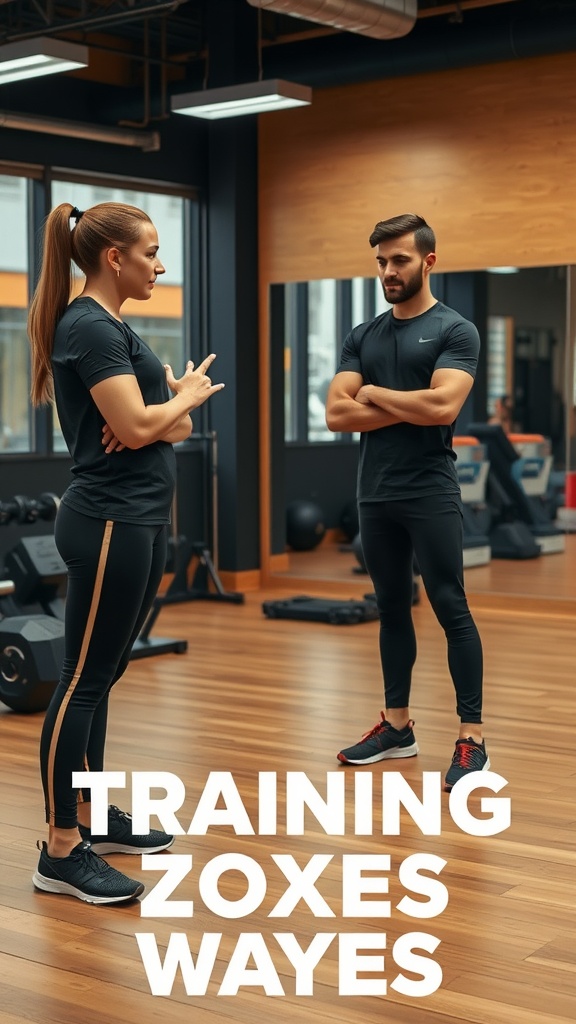 A fitness trainer discussing training methods with a client in a gym setting.