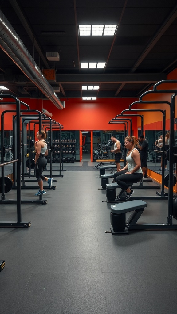 A circuit training session showcasing individuals engaging in various exercises in a gym setting.