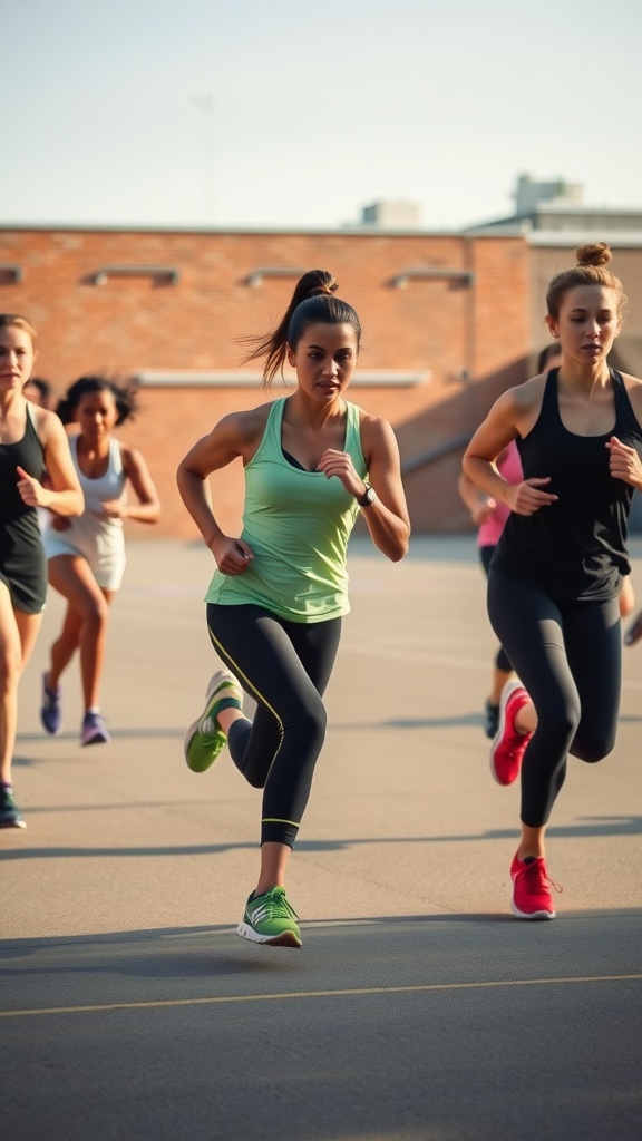 Group of women running outdoors in a workout session.