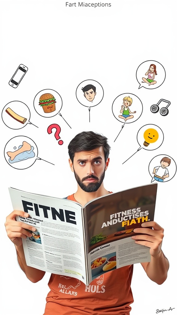 A person reading a fitness magazine with various icons representing misconceptions about fitness.