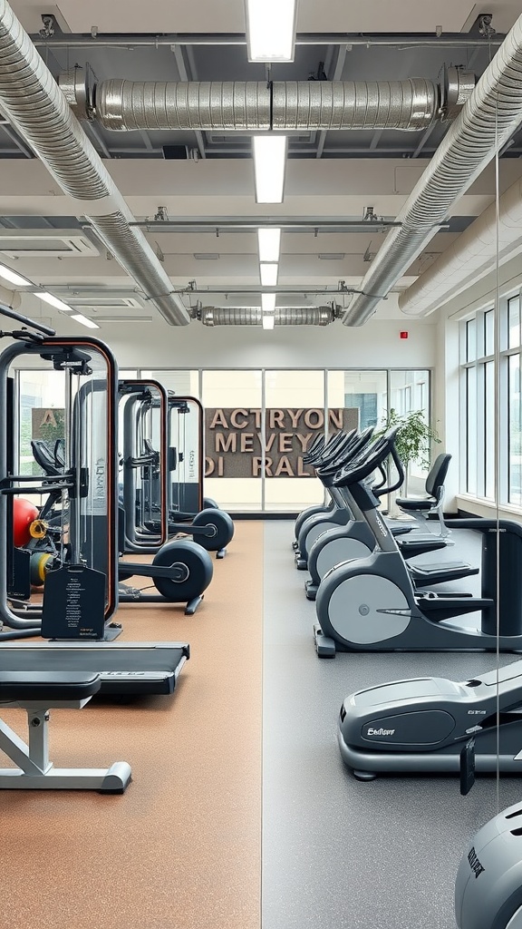 A modern gym setting with various fitness equipment